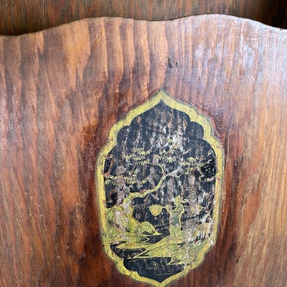 Vintage Wooden Magazine Rack Mid Century Chinoiserie Style with Asian Panels - Picture 10 of 13